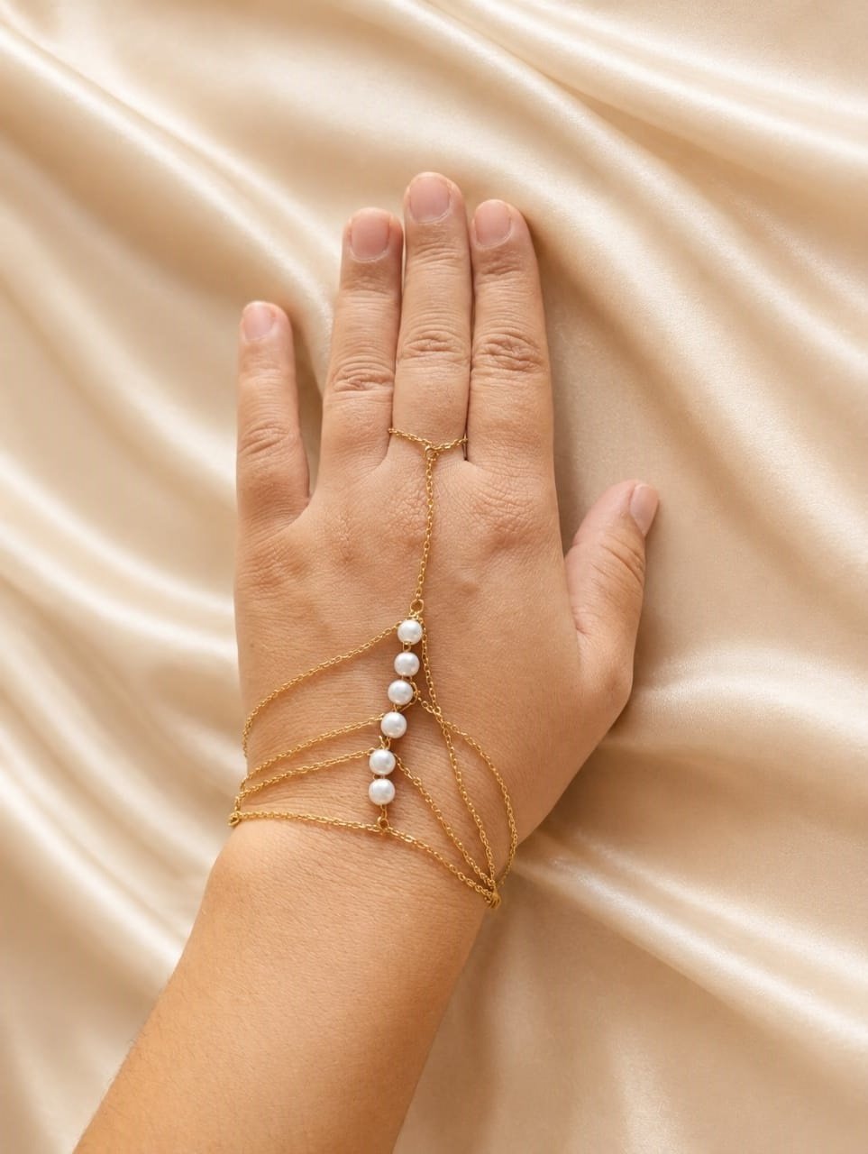 Elegant Gold Pearl Hand Chain Bracelet