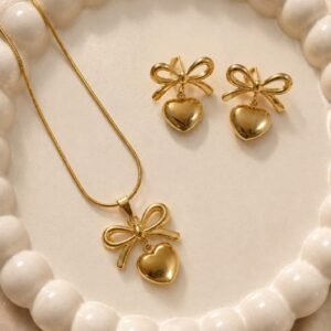 Golden Bow Heart Pendant & Earrings Set