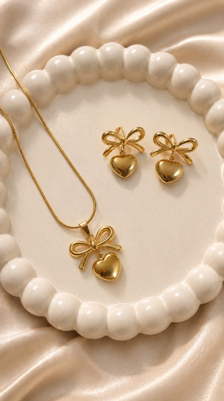 Golden Bow Heart Pendant & Earrings Set