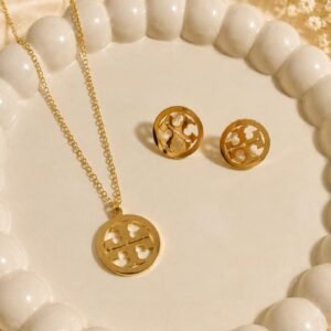Golden Clover Pendant Necklace & Earrings Set