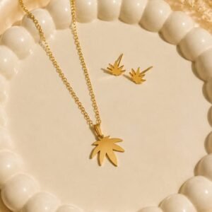 Golden Leaf Pendant Necklace & Stud Earrings Set