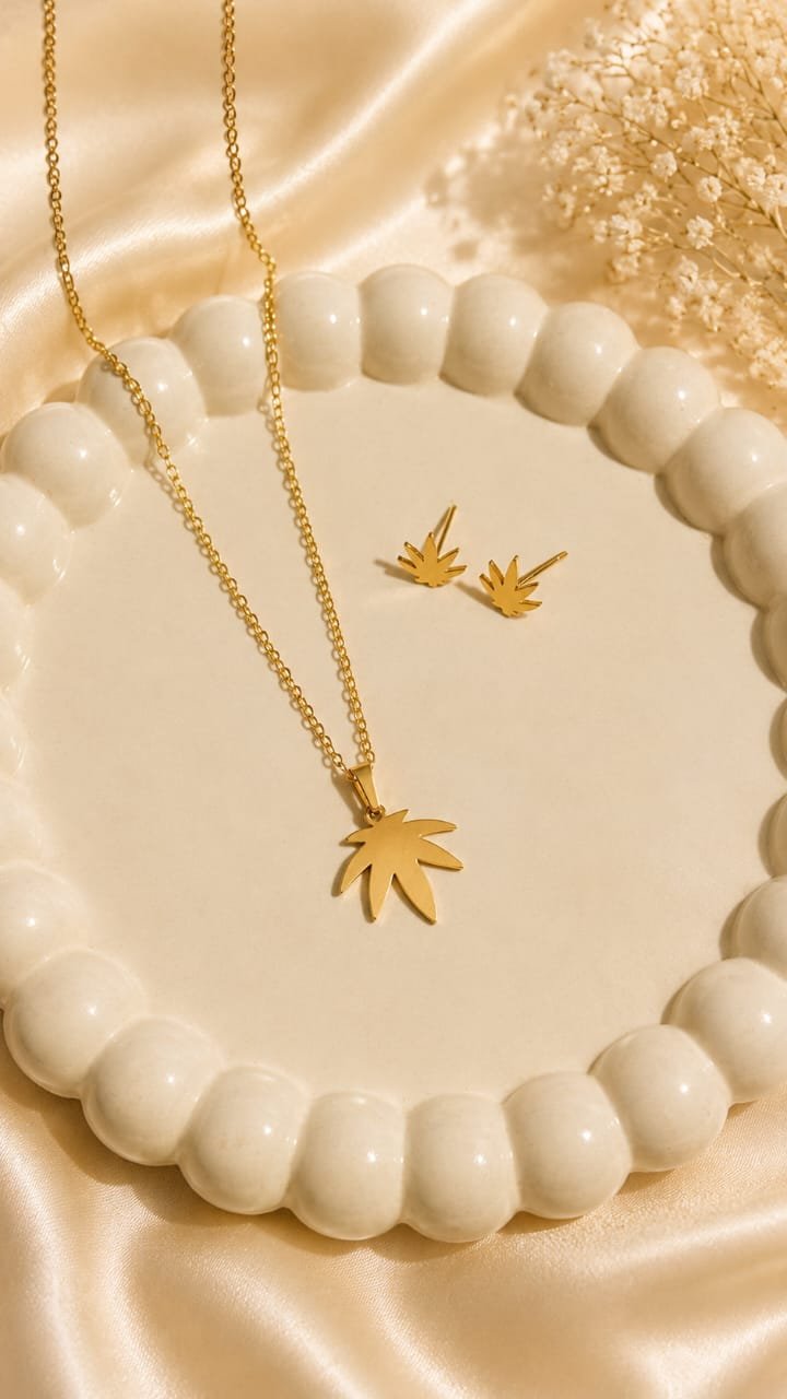 Golden Leaf Pendant Necklace & Stud Earrings Set
