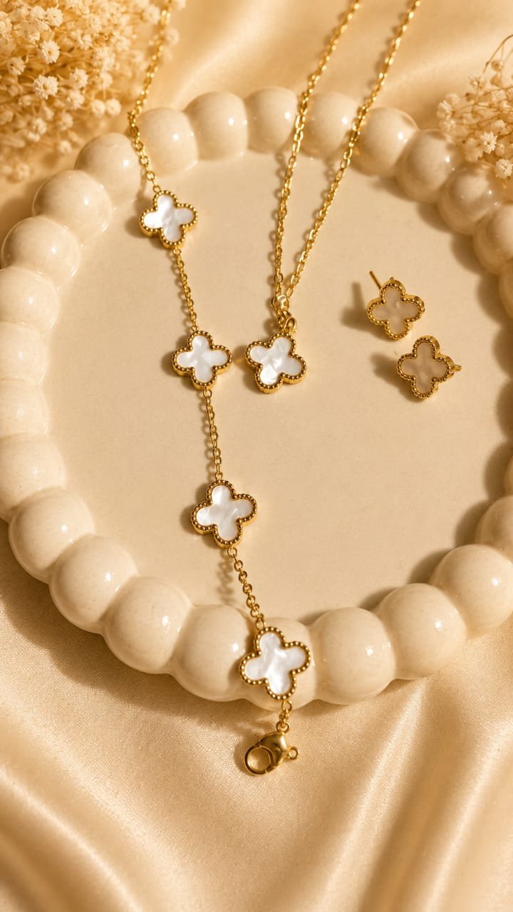 White Clover Necklace, Bracelet & Stud Earrings Set