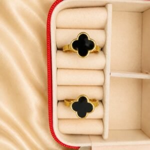 Elegant Black Clover Gold Rings in Luxury Jewelry Box