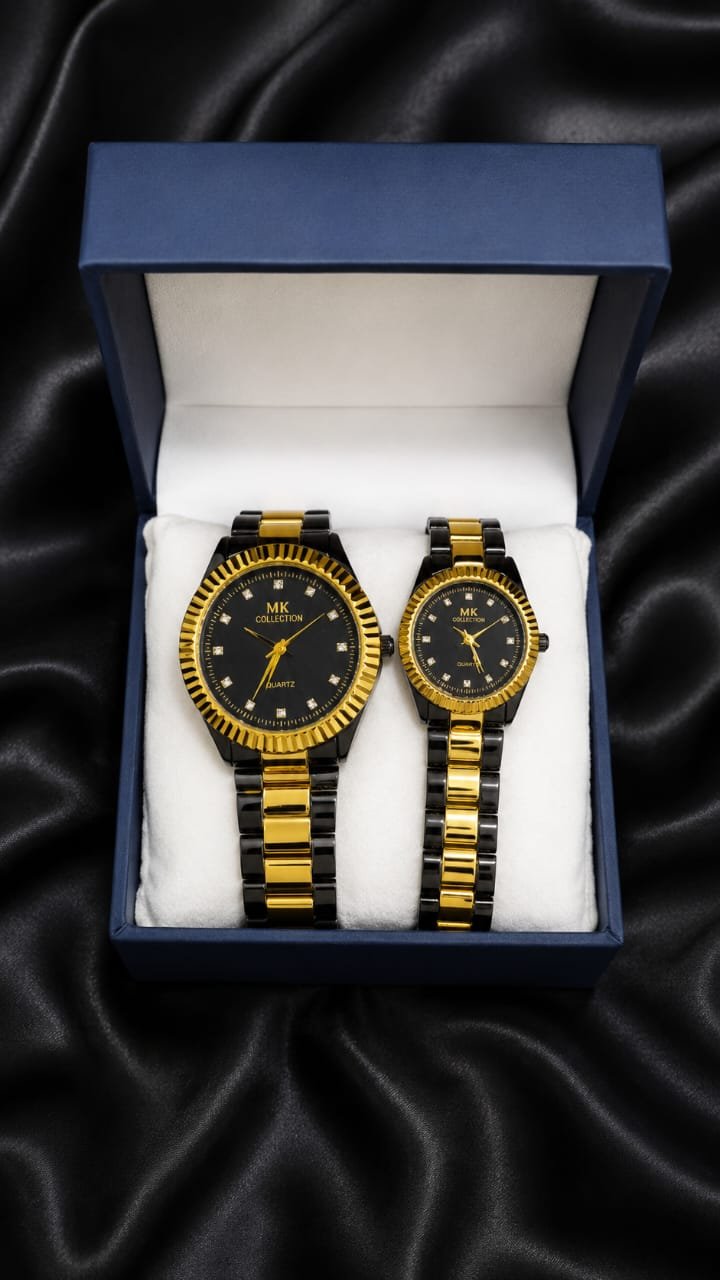 Luxury Black and Gold Couple Analog Watch Gift Set
