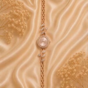 Elegant Rose Gold Crystal Leaf Bracelet Watch