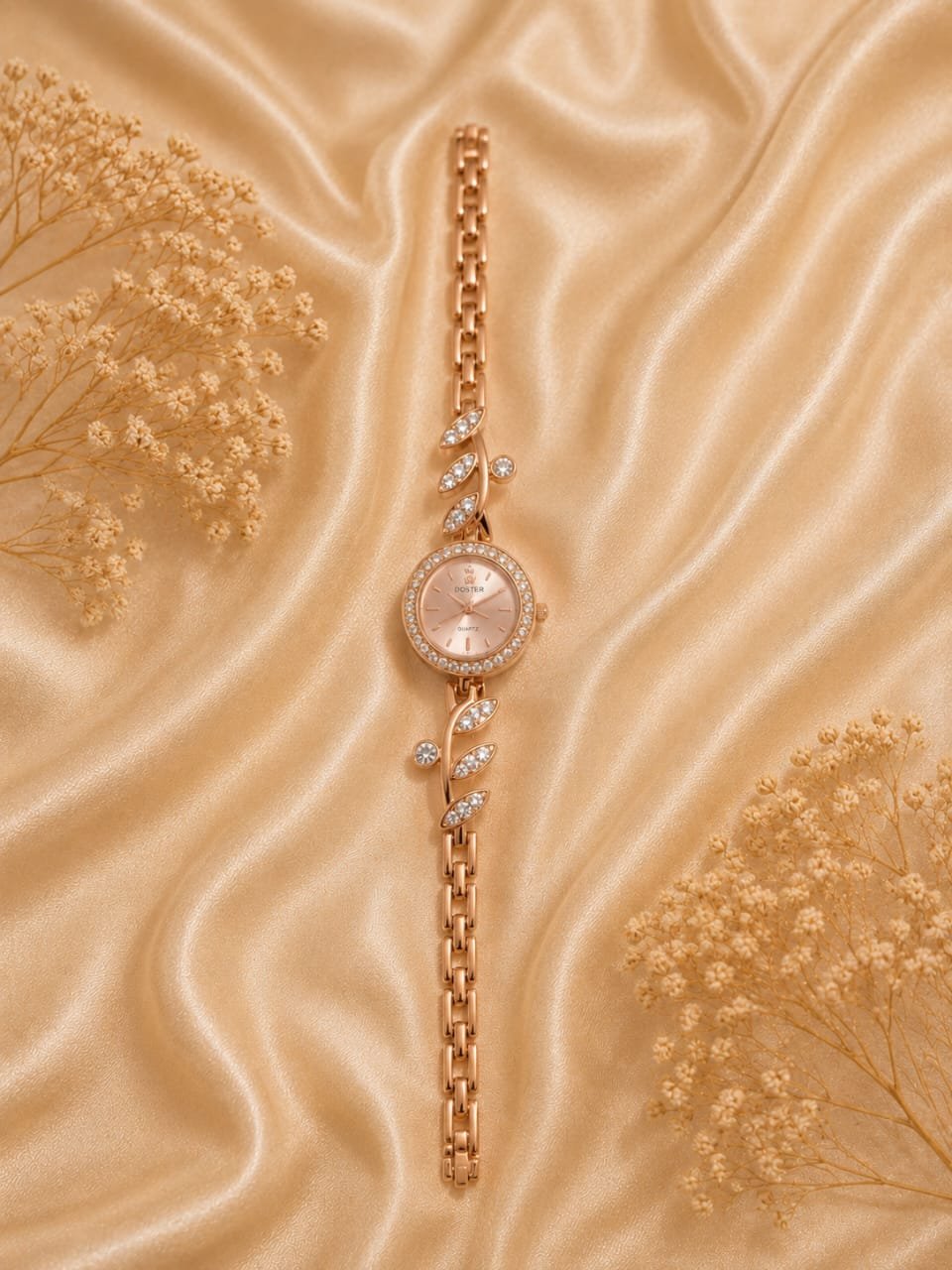 Elegant Rose Gold Crystal Leaf Bracelet Watch