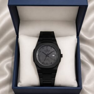 Luxury Matte Black Stainless Steel Analog Watch with Date Display