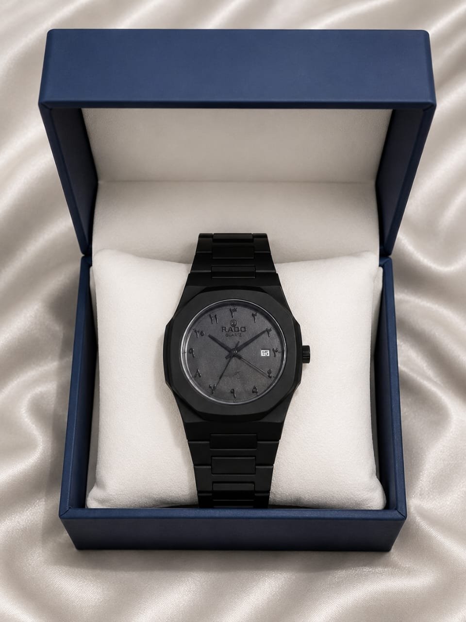 Luxury Matte Black Stainless Steel Analog Watch with Date Display