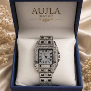 AUJLA Luxury Silver Crystal Square Watch