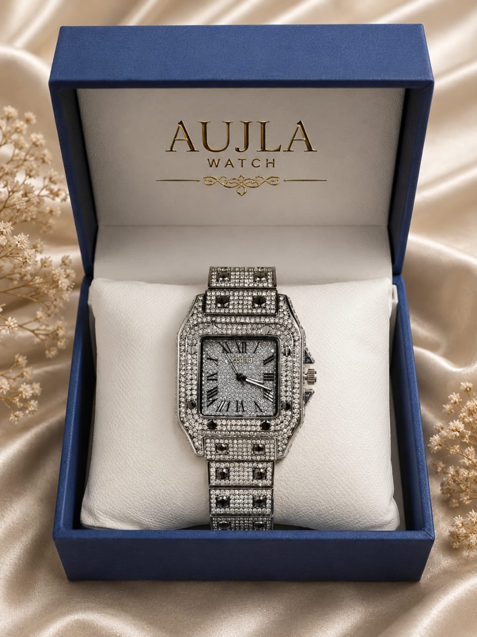 AUJLA Luxury Silver Crystal Square Watch