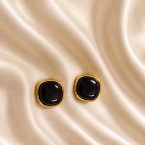 Square Black Onyx Gold Stud Earrings