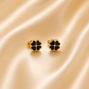 Elegant Gold-Plated Black Enamel Four-Leaf Clover Stud tops