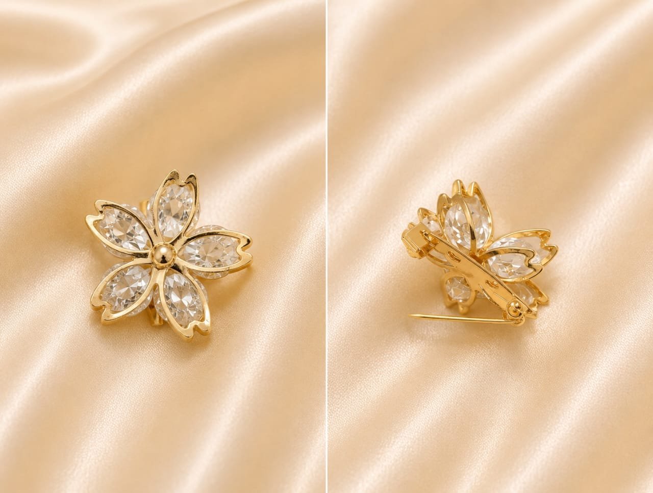 Elegant Gold-Plated Crystal Flower Hijab Pin & Brooch