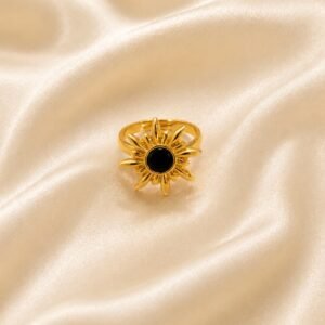 Vintage Gold-Plated Sunburst Black Onyx Enamel Statement Ring